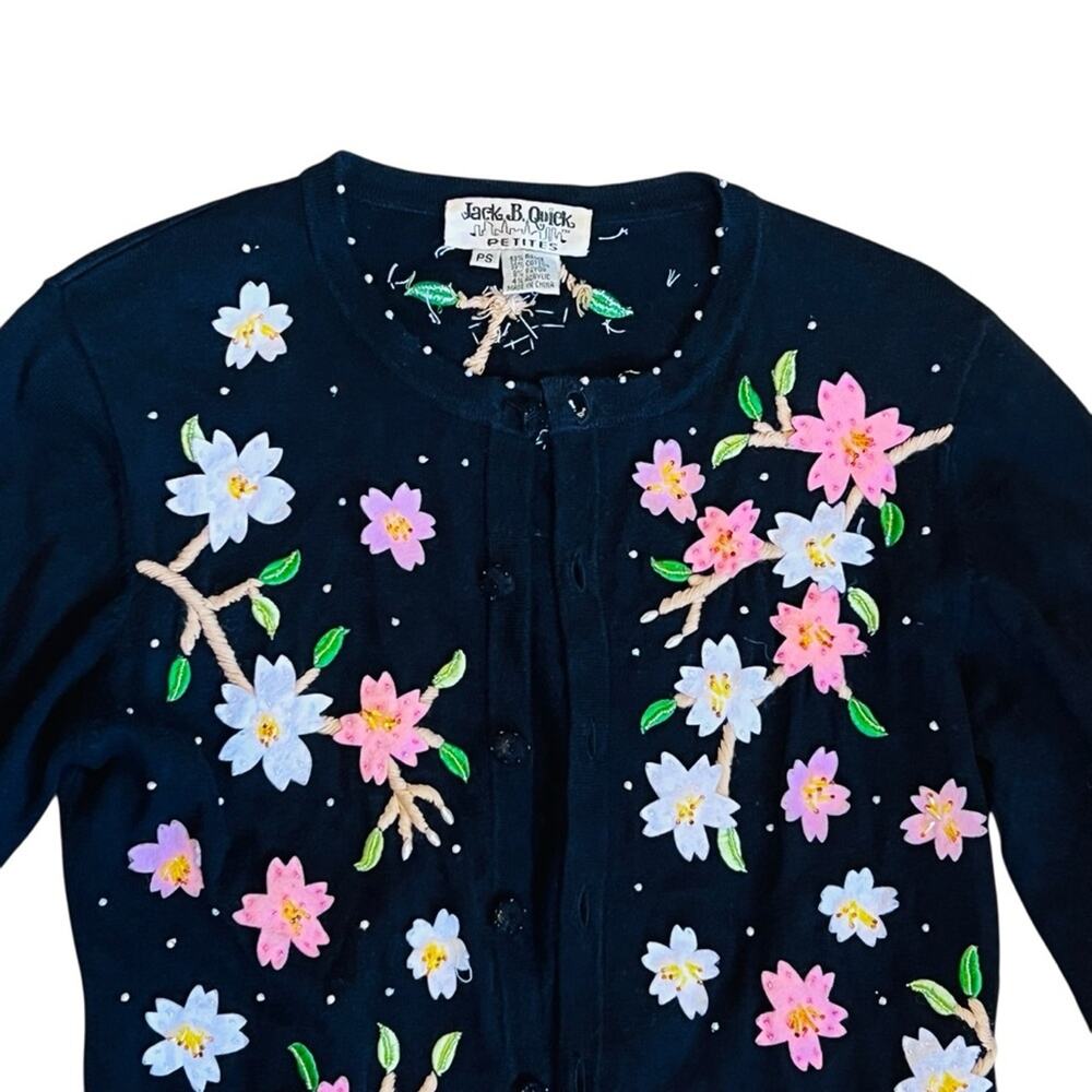 Jack B. Quick Vintage Y2K Sz XS Black Floral Sweater Beaded Cardigan Cottage - Picture 4 of 12
